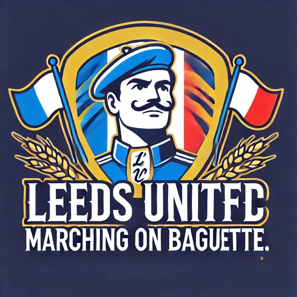 DALL·E 2024-09-11 09.56.23 - Return to the previous logo design with the Leeds United FC logo featuring a French touch, including the phrase 'Marching on Baguette.' Remove the two.jpg